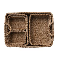 three square wicker trays with handles on each side, one is empty and the other has four compartments