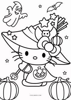 the hello kitty halloween coloring page with pumpkins and jack - o'- lanterns