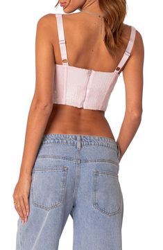 This night-out cropped tank is designed in a corseted silhouette and covered in dazzling sequins. Sweetheart neck Sleeveless 95% polyester, 5% spandex Hand wash, dry flat Imported Sequin Corset, Sweetheart Neck, Corset Top, Crop Tank, Light Pink, Night Out, Sequin, Top Brands, Hand Wash