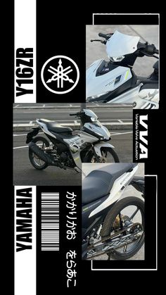 four different pictures of motorcycles in black and white with the words yamaha written on them