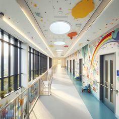 the hallway is decorated with colorful wallpapers and rainbow - themed murals on the walls