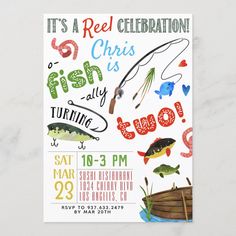 Fishing Second Birthday Invitation Fishing Party Invitations, Gone Fishing Party, Fishing Birthday Invitations, Third Birthday Invitations, Fishing Birthday Party, Tenth Birthday, Fishing Party, Fishing Birthday, Fourth Birthday