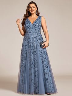 Plus Size Sparkling Sleeveless Leaf Sequin A-Line Formal Evening Dress #color_Dusty Blue Embroidered Evening Gown, Sleeveless Sequin Maxi Dress For Prom, Sleeveless Sequin Dress For Wedding With Contrast Sequin, Sleeveless Sequined Wedding Maxi Dress, Sleeveless Evening Dress With Contrast Sequin For Summer, Sleeveless Sequin Dress For Wedding, Sleeveless Contrast Sequin Evening Dress For Summer, Sleeveless Contrast Sequin Dress For Wedding, Sleeveless Sequin Evening Dress For Banquet