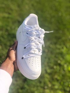 All white Air force one with custom off-white laces. Professionally created using proper quality items for best possible result and great look.  Off white laces can be any color, message with preferred color if you do not want the all white look as pictured.    ⭐️ All sizes available   ⭐️ Worldwide Shipping available   🔥 Buy 2 sneakers get $10 off.    All customs go through an intensive quality control check and are 100% authentic & New. Great price and made with love and care. Give us your trust and we will deliver!💫    Please allow 1-2 weeks turnaround time for your item to arrive. Any questions message us beforehand. All White Air Forces, White Air Force Ones, White Air Force 1, White Air Forces, White Look, Air Force One, Force One, Air Force Ones, Tie Shoes