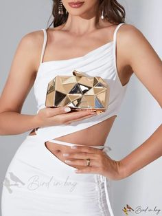 Bird in Bag - Geometric Metal Evening Clutch Purse for Wedding Fashion Small Shoulder Bag Box Clutch White Square Box Bag For Party, Chic Rectangular Box Bag For Wedding, Rectangular Case Clutch For Wedding, Gold Chic Box Bag For Party, Chic Gold Box Bag For Party, Chic Square Clutch For Wedding, Envelope-shaped Box Bag As A Gift, Chic Rectangular Evening Bag For Wedding, Chic Rectangular Wedding Evening Bag