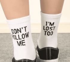 Be bold and unique with our "Don't Follow Me I'm Lost Too" socks. These high-quality socks feature a funny and relatable message that is perfect for anyone who has ever felt lost in life. Made of soft , comfortable fabric, these socks are perfect for daily wear. Order now and add a touch of humor to your socks collection from Cosmique Studio. Gender: Unisex Item Type: Sock Sock Type: Casual Material: 100% Cotton Thickness: Thick Trendy Cotton Socks With Letter Print, Trendy Letter Print Cotton Socks, Trendy Cotton Letter Print Socks, Cute White Socks With Letter Print, Casual Cotton Letter Print Socks, White Casual Socks With Graphic Print, Casual White Socks With Graphic Print, Comfortable White Socks With Letter Print, Rainbow Clothing