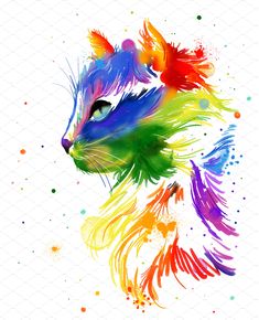 a colorful cat's face is painted with watercolors