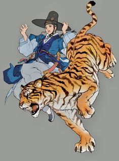 a man riding on the back of a tiger next to a person wearing a hat