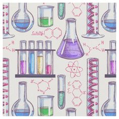 a drawing of laboratory equipment with colored liquids and flasks on the shelves in front of them