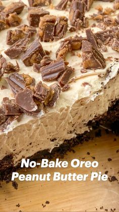 no - bake oreo peanut butter pie on a cutting board with text overlay