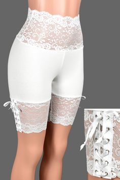 *Free USA shipping! *Handmade after you order: check order processing times These white cotton/spandex shorts have a wide stretch lace waistband and matching lace around the legs. There are rows of grommets and white satin corset lacing going down the side of the leg. Wear them under skirts, dresses, or shorts for extra leg coverage. Custom options: contact info@derangeddesigns.com if you want these made with a different waistband style. (For example low-waisted, narrow lace waistband, or no lac Stretch Lace Shorts, Festival Fits, Panty Girdle, Lace Up Leggings, Girdles, Lace Trim Shorts, Lingerie Outfits, Wide Waistband, Stretch Lace