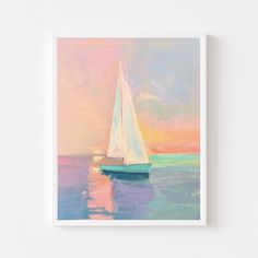 a painting of a sailboat in the ocean at sunset with pink and blue colors