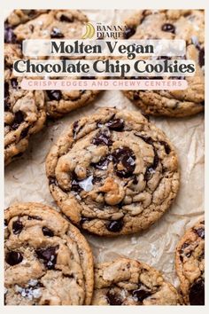 chocolate chip cookies on parchment paper with text overlay that reads molten vegan chocolate chip cookies