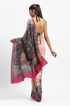 Multicolour saree with printed floral motifs, embellished by sequins and beads. Comes with running blouse piece. - Aza Fashions Multicolour Saree, Satya Paul, Floral Print Sarees, Printed Sarees, Silk Crepe, Floral Motifs, Blouse Piece, Aza Fashion, Floral Motif