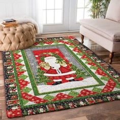 a living room with a christmas rug on the floor