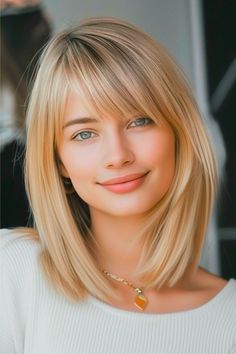 Straight Bob Medium-Length Hairstyle with Bangs. Haircuts With Bangs For Straight Hair, Shoulder Length Hair With A Fringe, Side Fringe Medium Hair, Past Collar Bone Length Hair, Hairstyle With Fringe Medium, Medium Length Hairstyles With Fringe, Medium Length Haircut Bangs Round Faces, Heart Shape Face Short Hair, Crescent Bangs Heart Shaped Face