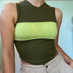 Size: M Color: Olive Green Fitted Trendy Tank Top, Green Color Block Tops For Layering, Retro Stretch Summer Tank Top, Retro Stretch Tank Top For Summer, Trendy Green Crop Top Tank, Green Cropped Tank Top For Summer, Casual Green Crop Top For Spring, Trendy Green Crop Top For Spring, Trendy Green Tank Top For Layering