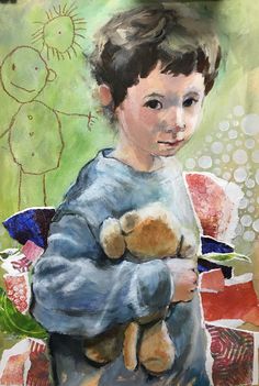 a painting of a young boy holding a teddy bear in his arms and looking at the camera