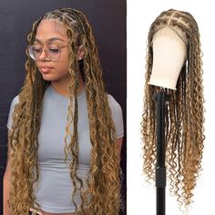 PRICES MAY VARY. Boho Braids Style: From the moment you laid eyes on this boho braided wigs for women, you was captivated by its sheer beauty.Creating an ethereal cascade of meticulously braided strands that embody a chic aesthetic.Each braid is a testament to the skill and artistry put into crafting this full lace braided wig.The box braid wig are not merely strands of hair;they are a symphony of intricate detailing, offering a captivating texture that is both visually stunning and tactilely im How To Add Curly Hair For Boho Braids, How To Take Care Of Boho Braids, Boho Knotless Braids Maintenance, Maintain Boho Knotless Braids, Braided Lace Front Wigs, Wigs Design, Boho Braid Maintenance, Blended Blonde, Front Braids