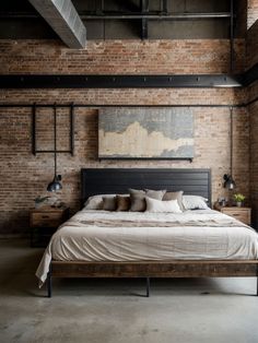 a large bed sitting in the middle of a bedroom next to a wall mounted painting