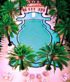 an aerial view of a pool surrounded by palm trees