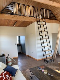 a living room with a ladder to the loft