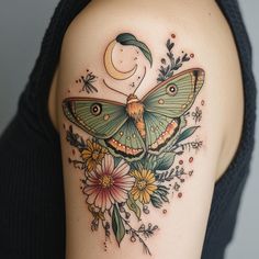 Luna Moth Tattoo Tattoo Craft Set Portals Inspired Tattoos, Moth Life Cycle Tattoo, Luna Moth Tattoo Meaning, Forest Goddess Tattoo, Luna Moth Tattoo Ideas, Celestial Moth Tattoo, Pretty Feminine Tattoos, Luna Moth Sternum Tattoo, Moon Owl Tattoo