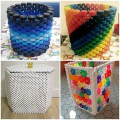 there are four different types of vases made out of legos and plastic bottles