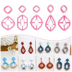 several different types of earrings are shown in this collage with the same design and color