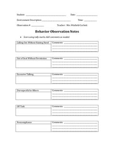 the behavior observation notes for students to use in their writing and reading skills, including