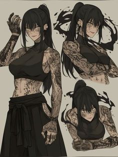 a drawing of a woman with tattoos on her arms and chest, in different poses