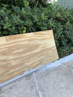 a wooden board laying on the ground next to some bushes