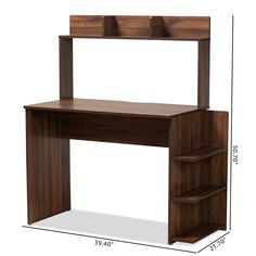 a wooden desk with shelves on the top and drawers below it, against a white background