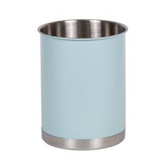 a light blue metal cup with a silver rim on a white background for use as a vase