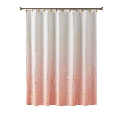 a pink and white shower curtain with gold glitters on the bottom, in front of a white background