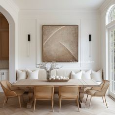 a dining room table with chairs and a large painting on the wall