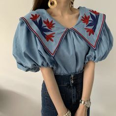 Two Colors Light Blue Or Jean Blue Sale Price 155 Usd Blouses Women, Retro Tops, Crop Top Blouse, Ethnic Style, Lantern Sleeve, Cutout Dress, Blouse Vintage, Lantern Sleeves, Ethnic Fashion