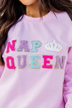 Chenille Patch Sweatshirt, Patch Sweatshirt, Pink Patch, Nap Queen, Chenille Patch, Nashville Outfits, Diy Sweatshirt, Ocean Drive, High Waisted Mom Jeans