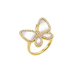 Introducing the Pave Outlined Stone Butterfly Ring from Adina Eden, a beautiful and elegant piece that adds a touch of nature-inspired charm to your jewelry collection. Crafted from high-quality brass and plated with luxurious 14K gold, this ring features a stunning butterfly design adorned with a mother of pearl stone and sparkling clear CZ stones. The butterfly measures 18 MM, making it a perfect statement piece. Available in size 7, this ring offers a comfortable and precise fit. Ideal for bo Diamond Anklet, Pearl Stone, Bold Rings, Gold Cocktail Ring, Butterfly Ring, Charm Bangle, Shop Engagement Rings, Diamond Bracelets, Butterfly Design