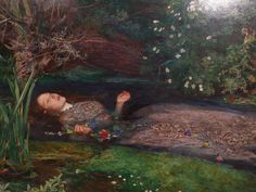 a painting of a woman laying on top of a lush green field