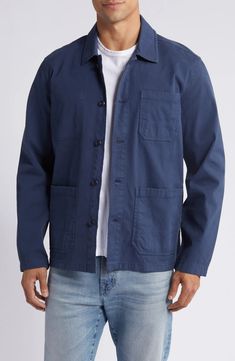 Faherty Comfort Twill Chore Jacket | Nordstrom Classic Cotton Button-up Outerwear, Everyday Utility Jacket With Multiple Pockets, Casual Cotton Utility Jacket With Long Sleeves, Casual Long Sleeve Cotton Utility Jacket, Long Sleeve Cotton Utility Jacket With Pockets, Cotton Utility Jacket With Pockets And Long Sleeves, Unstructured Utility Jacket With Patch Pockets, Casual Blue Shacket With Patch Pockets, Everyday Long Sleeve Utility Jacket With Buttoned Pockets