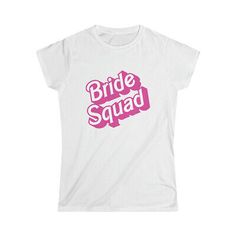 Bride Squad T-shirt Barbie Style lettering #bride #bridesquad #bachelorette #wedding #girls #doll #baby #baby #dudette Barbie Cheer Shirt, Pink Relaxed Fit T-shirt With Logo Print, Fitted Pink T-shirt With Letter Print, Pink Relaxed Fit T-shirt With Slogan, Pink Cotton Tops With Lettering, Pink Cotton T-shirt With Text Print, Pink Short Sleeve Shirt With Logo Print, Relaxed Fit Pink Top With Lettering, Pink Graphic Tee Shirt With Logo Print