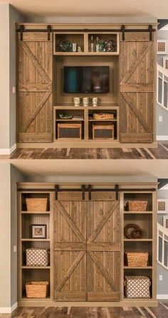 an entertainment center with sliding doors and baskets on the bottom, in between two walls