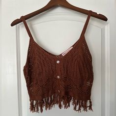 Cotton/Crochet Fringe Crop Tank Size L Purchased From Macys Never Worn Brown Cotton Crochet Top For Vacation, Beach Crochet Top In Brown, Beach Brown Crochet Top, Casual Brown Crochet Top With Open Knit, Casual Brown Open Knit Crochet Top, Summer Knit Crochet Top With Crochet Lace, Summer Crochet Lace Top In Knit, Summer Brown Crochet Lace Top, Brown Knit Crochet Top For Summer