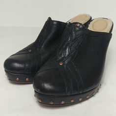 Leather Platform Slippers With Round Toe, Leather Wedge Boots With Platform And Round Toe, Brown Leather Platform Shoes With Round Toe, Black Leather Wedge Heel Platform Slippers, 70s Platform Shoes Brown, Ugg Leather, Black Leather Wedges, Platform Mules, Ugg Black