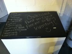 a chalkboard with writing on it in front of a door