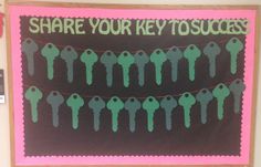 a bulletin board with keys on it and the words share your key to success written in green