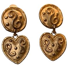 1980s "Made in Italy" gold-tone heart drop earrings with Etruscan-inspired surface detail. Clip-on. Heart Drop Earrings, Clip On Earrings, Gold Tones, In Italy, Jewelry Earrings, Drop Earrings, Italy, For Sale, Gold