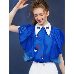 Blue bird embroidery blouse – remulia Blue Embroidered Collared Blouse, Blue Summer Blouse With Collared Neckline, Blue Collared Neckline Summer Blouse, Blue Collared Blouse For Summer, Embroidered Collared Tops For Work, Short Sleeve Embroidered Shirt For Work, Elegant Summer Tops With Geometric Embroidery, Blue Doll Collar Top For Spring, Blue Spring Blouse With Collar