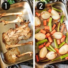 two pictures side by side showing how to roast chicken and vegetables